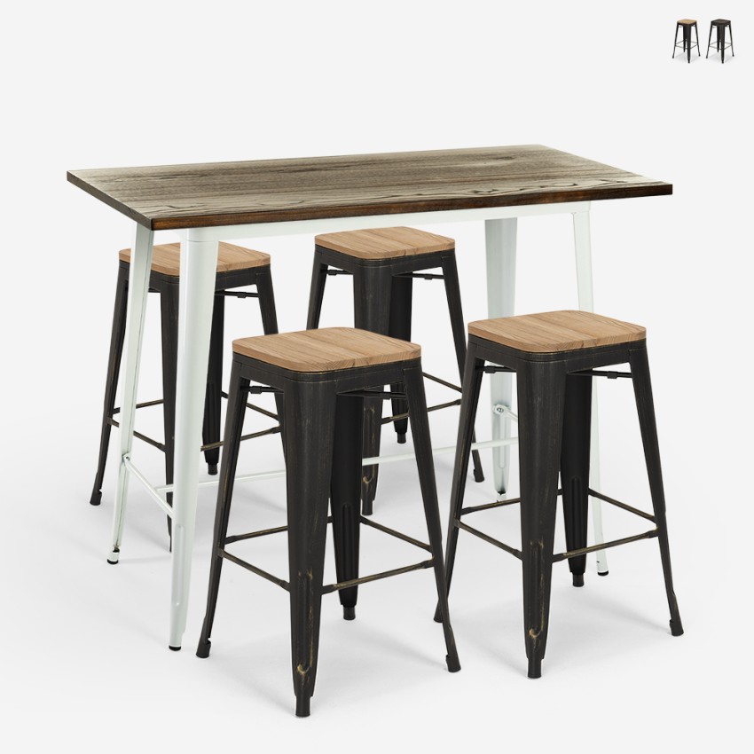 set tavolo alto bianco bar 120x60 4 sgabelli industriale navarro - Foto 2 di 19