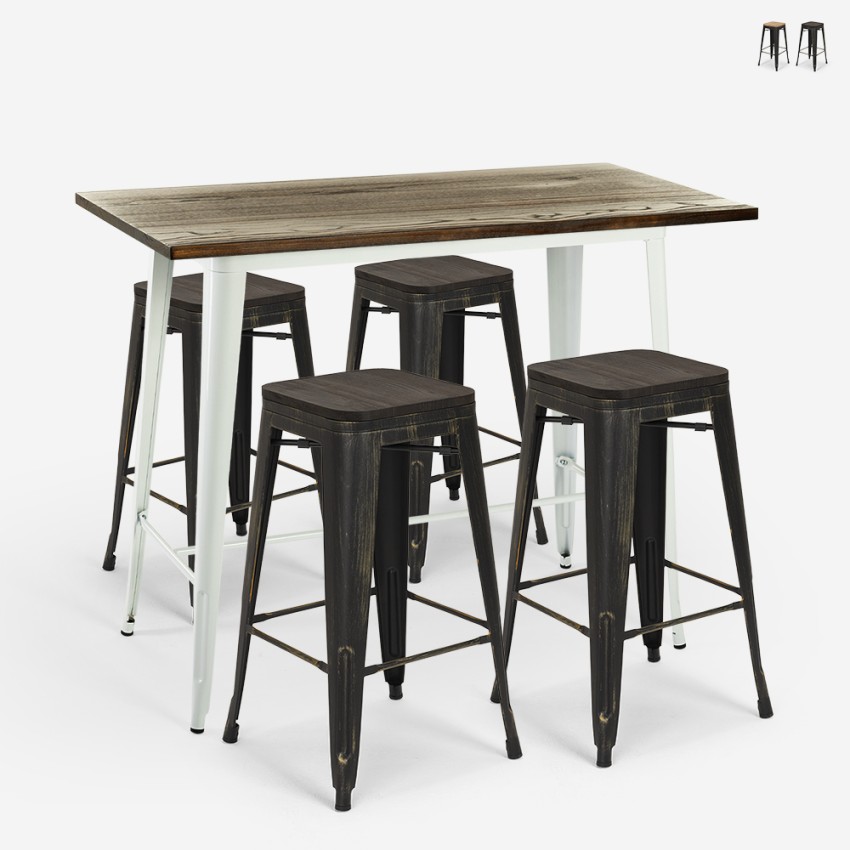 set tavolo alto bianco bar 120x60 4 sgabelli industriale navarro - Foto 11 di 19