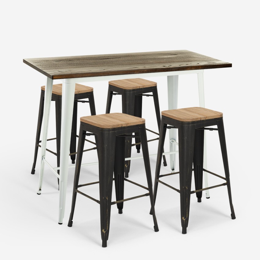 set tavolo alto bianco bar 120x60 4 sgabelli industriale navarro - Foto 4 di 19