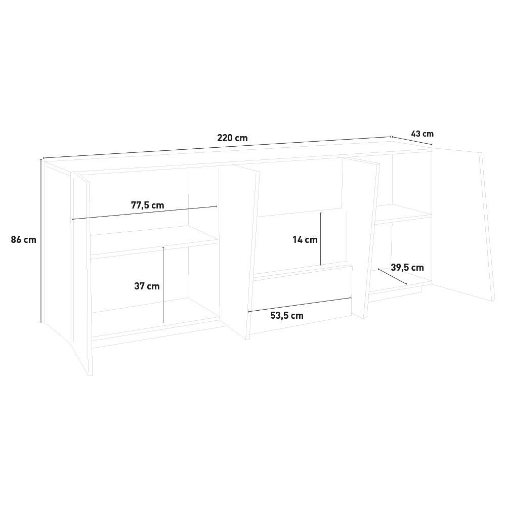 Mavis Wood credenza mobile soggiorno 220x40cm 4 ante 3 cassetti cucina